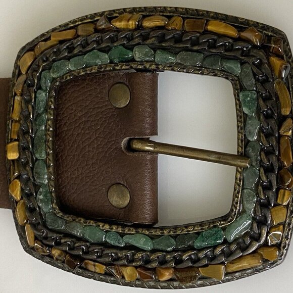 Handmade Brown Leather Statement Belt Semi Precious Stones Studs Up To Size 36 - Picture 3 of 16